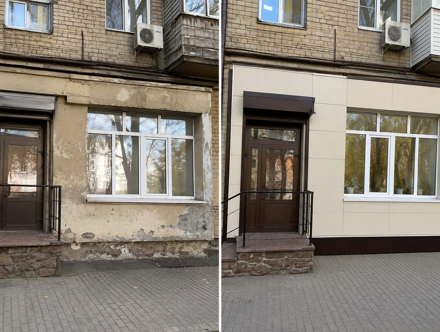 Фасад здания до и после ремонта